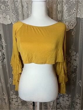 Made in USA Liliana Mustard Ruffle Sleeve Crop Top Off Shoulder Plus Size Fairy